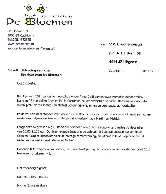 Fam. Castricum treedt terug bij De Bloemen