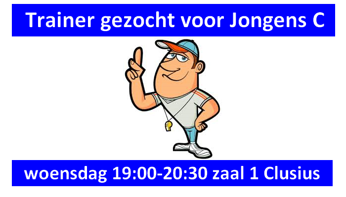 Trainer gezocht voor Jongens C , woensdag 19:00 tot 20:30 in zaal 2 van het Clusius