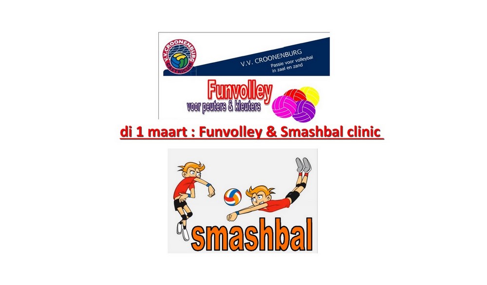 Smashbal en Funvolley clinics op di 1 maart voor alle basisschooljeugd.