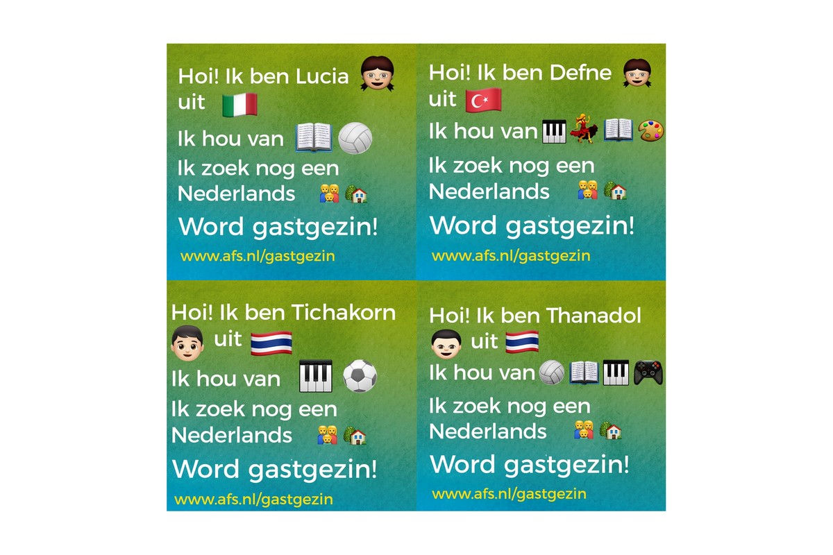Gastgezinnnen gezocht voor  Turkse Defne, de Thaïse Thanadol en Tichakorn en de Italiaanse Lucia
