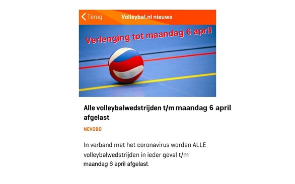 Wedstrijden afgelast verlenging tm 6 april 